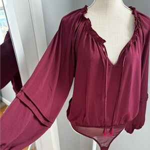 Promesa, Burgundy Balloon Sleeve Bodysuit blouse, Large